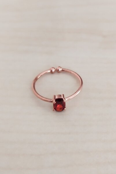 Trend Silver Gümüş Minimal Rose Kırmızı Taşlı Oval Yüzük