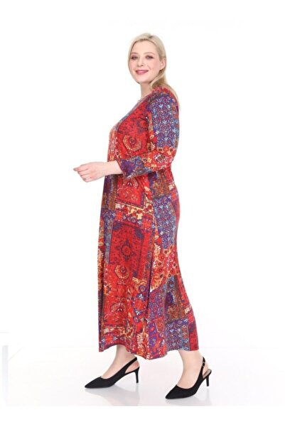 Şirin Butik Women's Red Ethnic Patterned Plus Size Dress