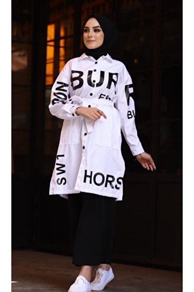 Hepsibitarz Kadın Beyaz Yazılı Mevsimlik Oversize Tasarım Yağmurluk Trençkot