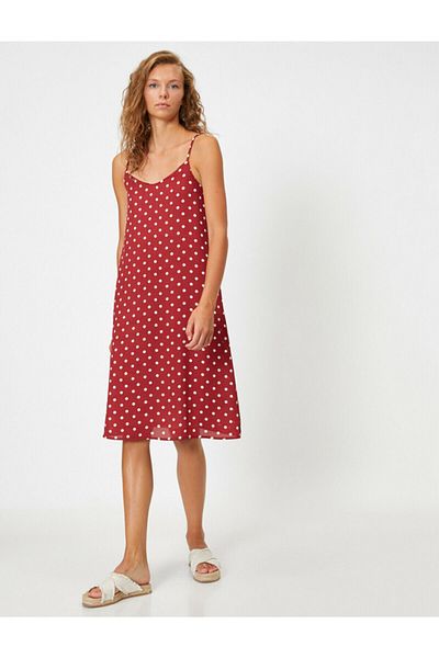 Koton Women's Burgundy Thin Strap Polka Dot Dress