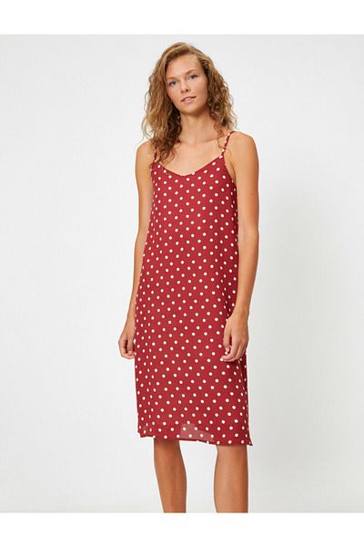 Koton Women's Burgundy Thin Strap Polka Dot Dress