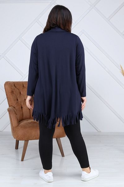 LİKRA Women's Navy Blue Large Size Skirt Tasseled Asymmetric Cut Viscose Cardigan