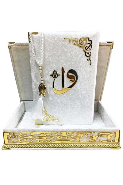 Sera Hediyelik Kadife Kutulu Kuranı Kerim Kristal Taş Tesbihli Beyaz Renk Ort...