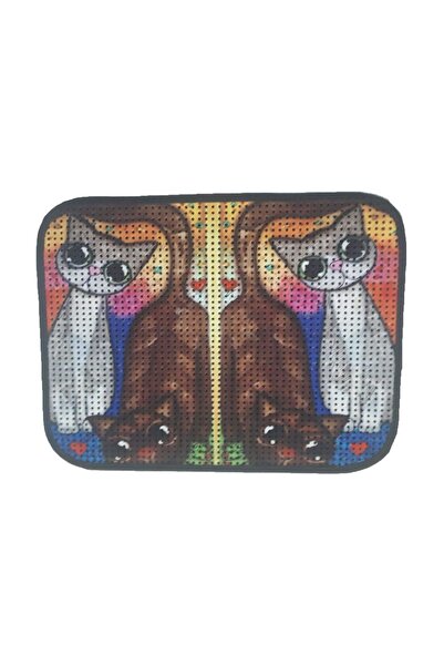Miapet Elekli Desenli Kedi Tuvalet Önü Paspası 60 x 45 cm Kahve Beyaz Kedi