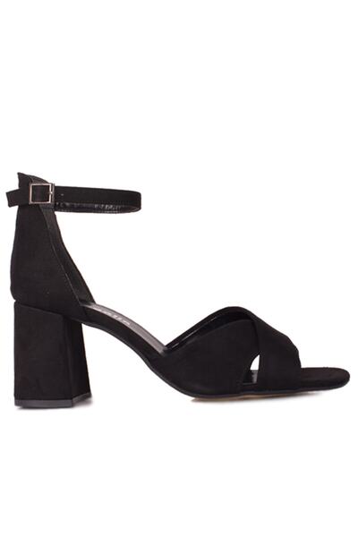Fitbas Γυναικεία μαύρα σανδάλια με τακούνι από σουέτ μεγάλου και μικρού μεγέθ...