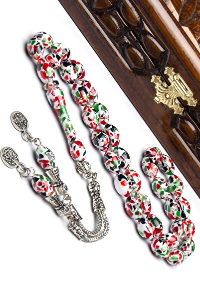 OTTOTESBİH Erkek Alpaka Püsküllü 7x11mm Kırmızı Yeşil Beyaz Mozaik Kokulu Toz Kehribar Tesbih