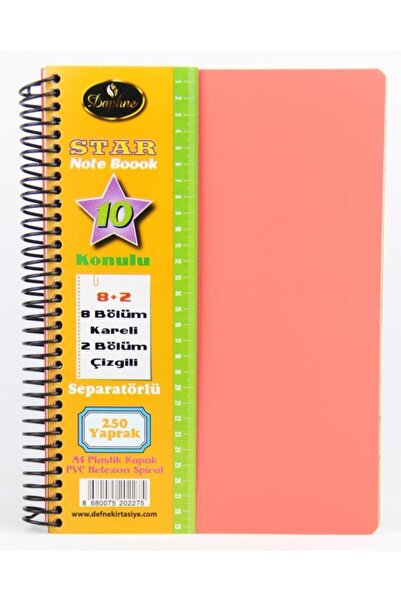 Defne Star Spiralli A4 Plastik Kapak Ayraçlı Defter 8 Kareli+2 Çizgili 250 Ya...