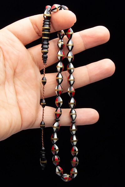 OTTOTESBİH مسبحة صلاة للرجال - 8x12 ملم مطلي باللونين الأحمر والأبيض، فتحة ملفوفة، نظام شرابة