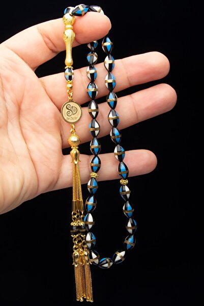 OTTOTESBİH 24k Altın Kaplama 925 Ayar Gümüş Aksesuarlı Özel Tasarım Mavi Mineli Sarmal Kuka Tesbih