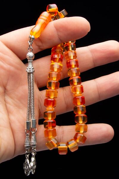 OTTOTESBİH Χάντρες προσευχής από κεχριμπαρένιο κεχριμπάρι, κόκκινο κίτρινο χρώμα, μήκους καρπού, 7x10 χιλιοστά