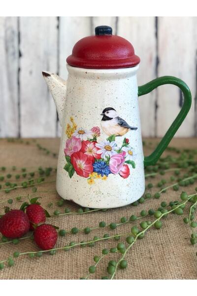 Handmadesign Kapaklı El Yapımı Seramik Sürahi - Renkli Rengarenk Çiçekli Kuşlu Bahar Bahçe Kırmızı Yeşil Lacivert