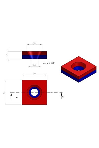 Mıknatıs Ar-Ge 10x10x3mm (6x3mm) Havşalı Kare Güçlü Neodyum Mıknatıs 10 Adet