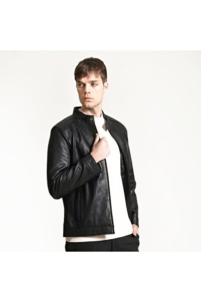Dericlub معطف جلد أسود للرجال