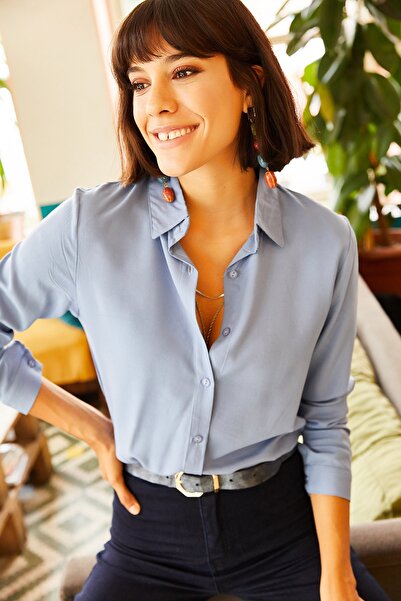 Olalook Kadın Bebe Mavi Dokuma Viskon Regular Fit Gömlek GML-19000697