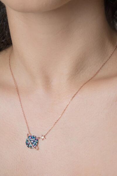 Elika Silver Renkli Taşlı Gezegen Model Rose Altın Kaplama 925 Ayar GümüşKadın Kolye 