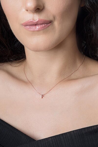 Elika Silver Kadın Üç Boyutlu F Harf Rose Kaplama 925 Ayar Gümüş Kolye