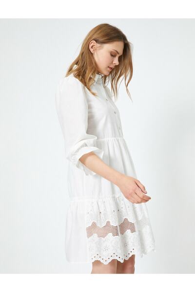 Koton Ecrufarbenes Midikleid mit Knöpfen und klassischem Kragen für Damen mit Spitzendetail