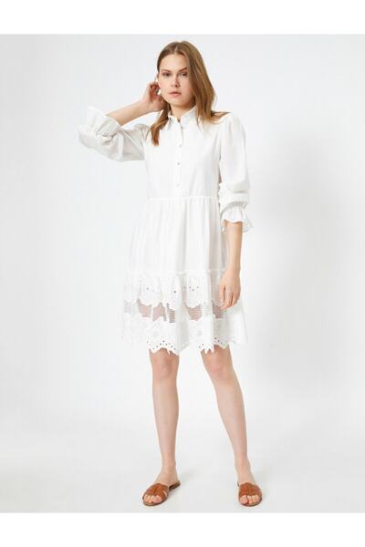 Koton Ecrufarbenes Midikleid mit Knöpfen und klassischem Kragen für Damen mit Spitzendetail