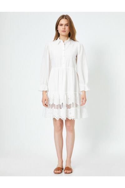 Koton Ecrufarbenes Midikleid mit Knöpfen und klassischem Kragen für Damen mit Spitzendetail