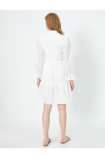 Koton Ecrufarbenes Midikleid mit Knöpfen und klassischem Kragen für Damen mit Spitzendetail