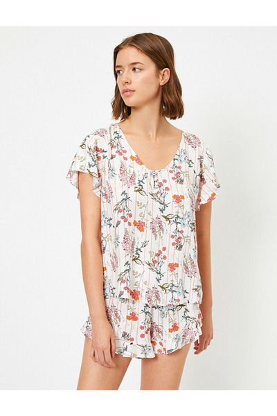 Koton Women's Ecru Floral Short Sleeve Floral Pajama Top