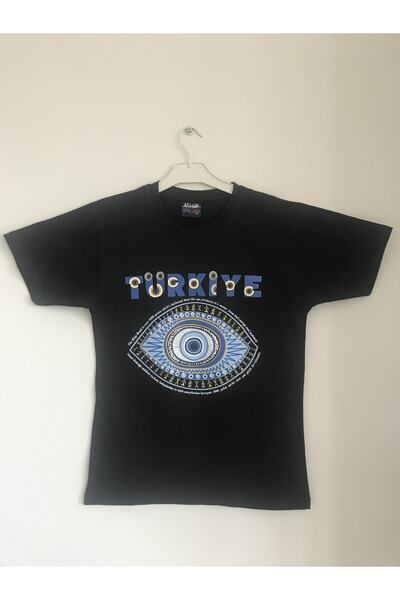 Unisex Siyah Nazar Boncuğu Baskılı Istanbul T-shirt