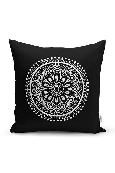 Realhomes Çift Taraflı Siyah Beyaz Çiçek Desenli Mandala Motifli Süet Kırlent...
