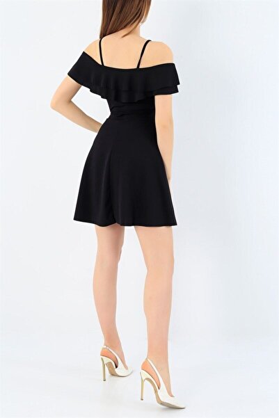 lovebox Stretchy Crepe Fabric Two Layers Flounced Strap Detail Black Evening Dress Black Graduation Dress