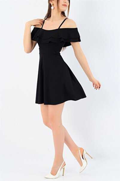 lovebox Stretchy Crepe Fabric Two Layers Flounced Strap Detail Black Evening Dress Black Graduation Dress