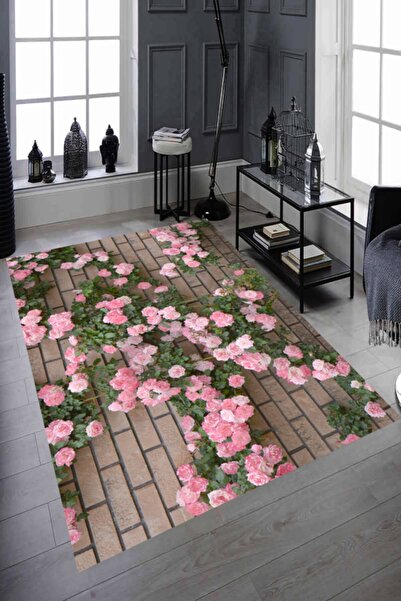 Resmiro Duvar ve Pembe Çiçekler Dijital Baskılı Halı