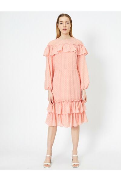 Koton Dámské midi šaty s růžovým lemem a dlouhým rukávem