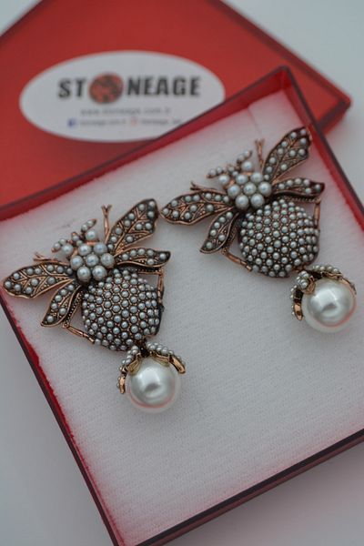 Stoneage Bee Earrings with Zircon and Pearls