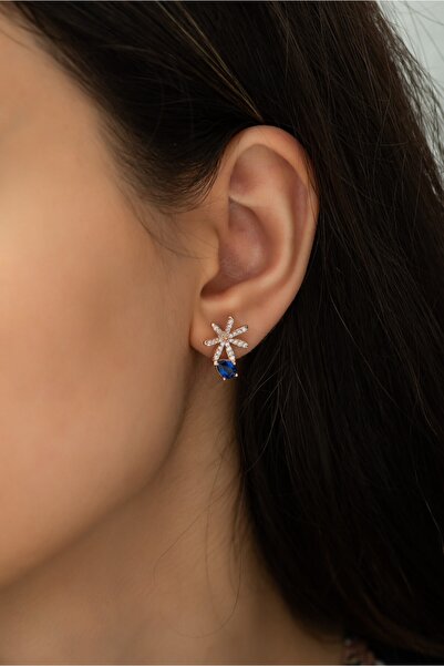 Nereze 925 Ayar Mavi Taşlı Yıldız Kadın Gümüş Küpe