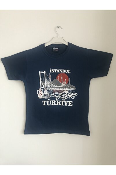 Unisex Lacivert Köprü Cami Fincan Baskılı Istanbul T-shirt