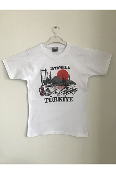 Unisex Beyaz Köprü Cami Fincan Baskılı Istanbul Tshirt