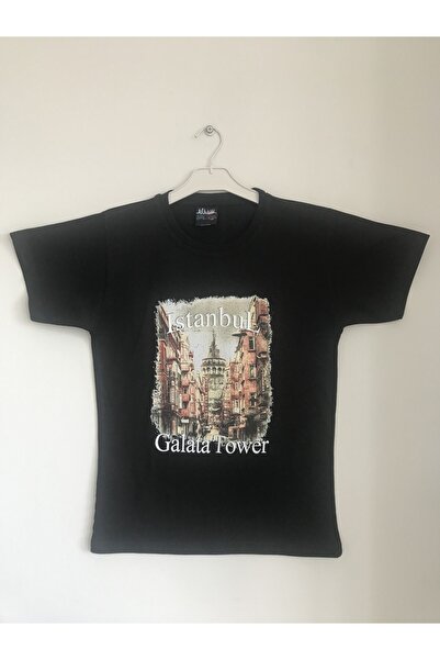 Unısex Siyah Galata Kulesi Baskılı Istanbul Tshirt