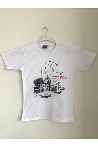 Unisex Beyaz Ortaköy Baskılı İstanbul T-shirt