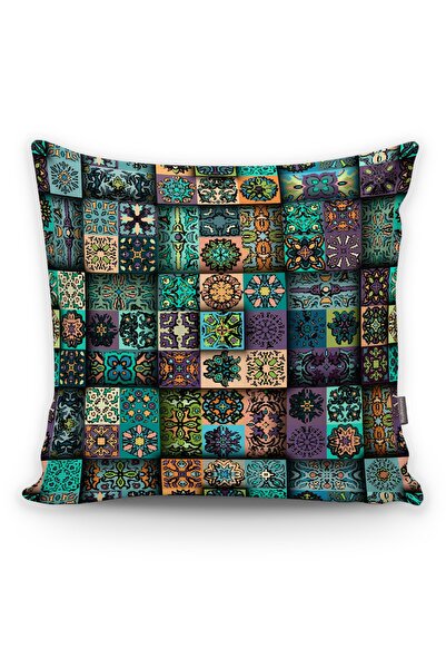Realhomes Küçük Düz Vintage Dekoratif Kare Etnik Desenli Dijital Baskılı Yastık Kırlent Kılıfı