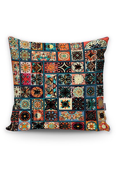 Realhomes Küçük Kare Vintage Dekoratif Etnik Desenli Dijital Baskılı Yastık Kırlent Kılıfı