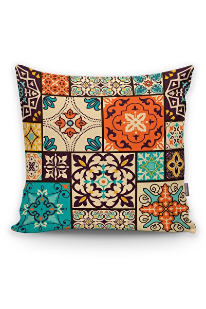 Realhomes Etnik Krem Üç Büyük Kare Desen Tasarımlı Kırlent Kılıfı