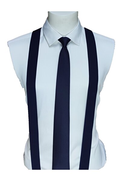 Elegante Cravatte Navy Blue Color Trouser Suspenders and Tie-Handkerchief Set