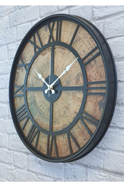 Markakanvas Metal Kasalı Eski Dünya Haritalı Duvar Saati 50cm