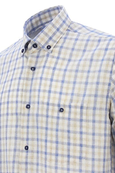 Varetta Men's Beige 100% Cotton Long Sleeve Collar Buttoned Single Pocket Checkered Classic Cut Shirt