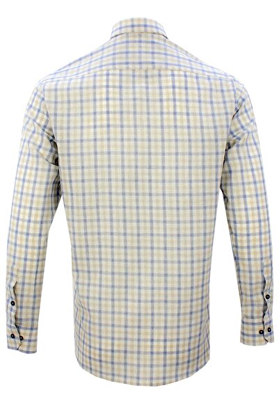 Varetta Men's Beige 100% Cotton Long Sleeve Collar Buttoned Single Pocket Checkered Classic Cut Shirt