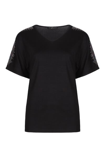 Butik Triko Kadın Siyah Omzu Renkli Taşlı Penye Bluz 3512