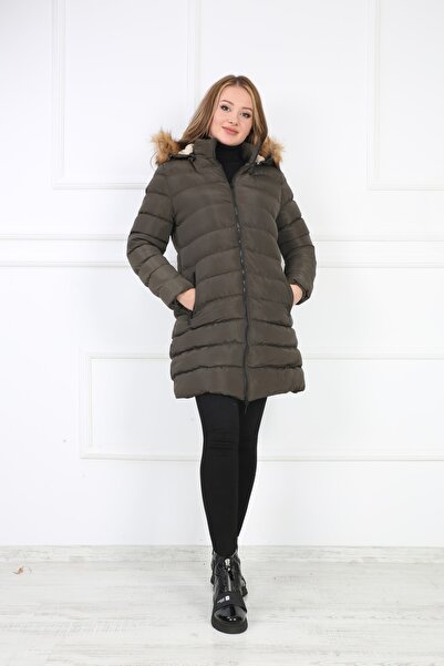 B&T Kadın Haki Renkli Çıkarılabilir Kapüşonlu Ve Kürklü Şişme  Mont