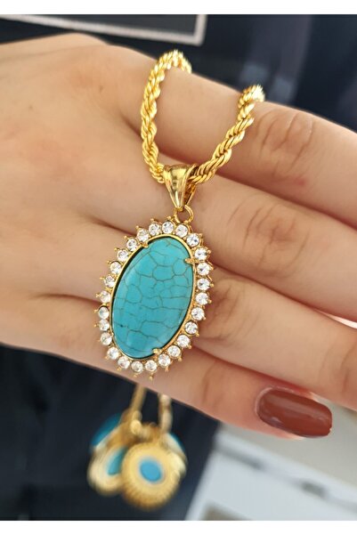 barisiva gold 22 Ayar Altın Kaplama Zirkon Taşlı Firuze Kolye