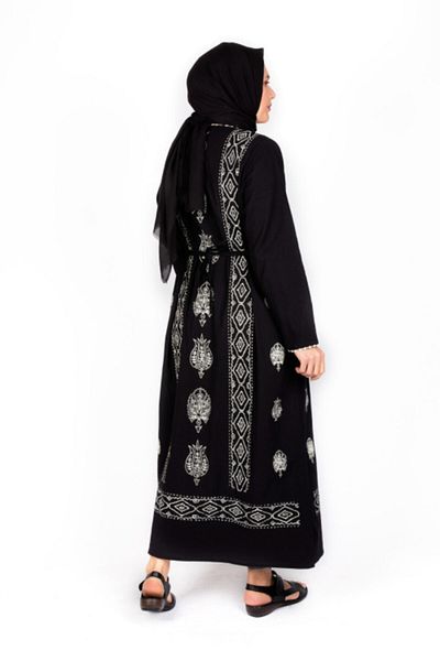 Kardelen Butik Ümraniye Women's Black Sile Cloth Printed Long Sleeve Dress