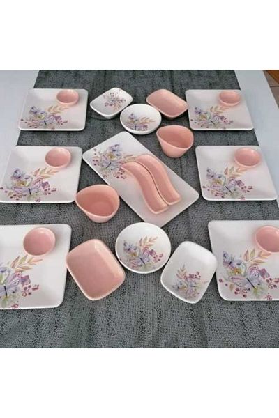 Demet Çeyiz Breakfast Set 23 Pieces Matte Pink Butterfly for 6 People