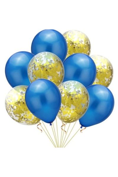 Deniz Party Store Transparent Balloon with Gold Confetti and Dark Blue Metallic Balloon Set 20 Pieces